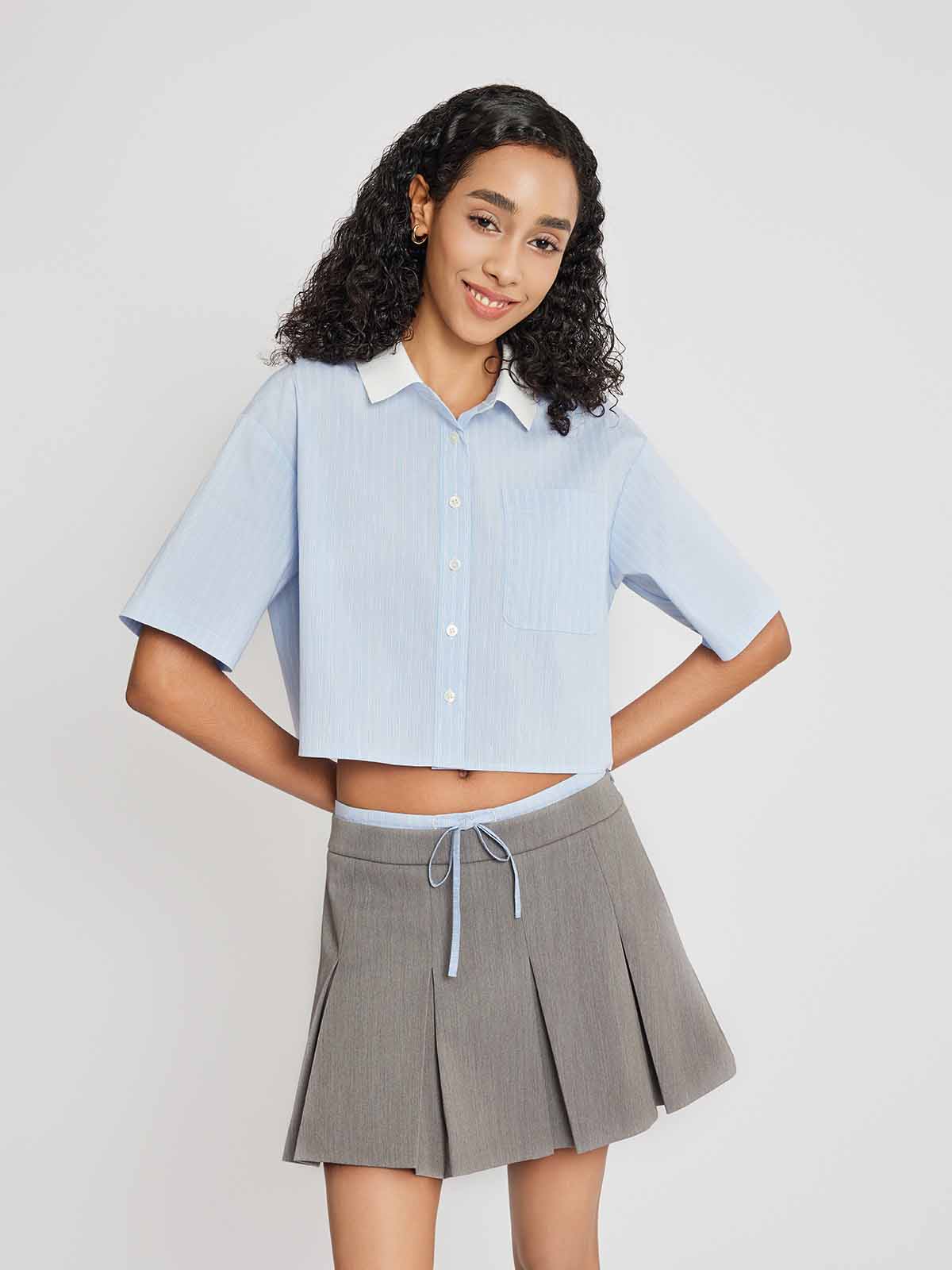 ASOBIO Knit Collar Short Sleeve Button-Up Shirt