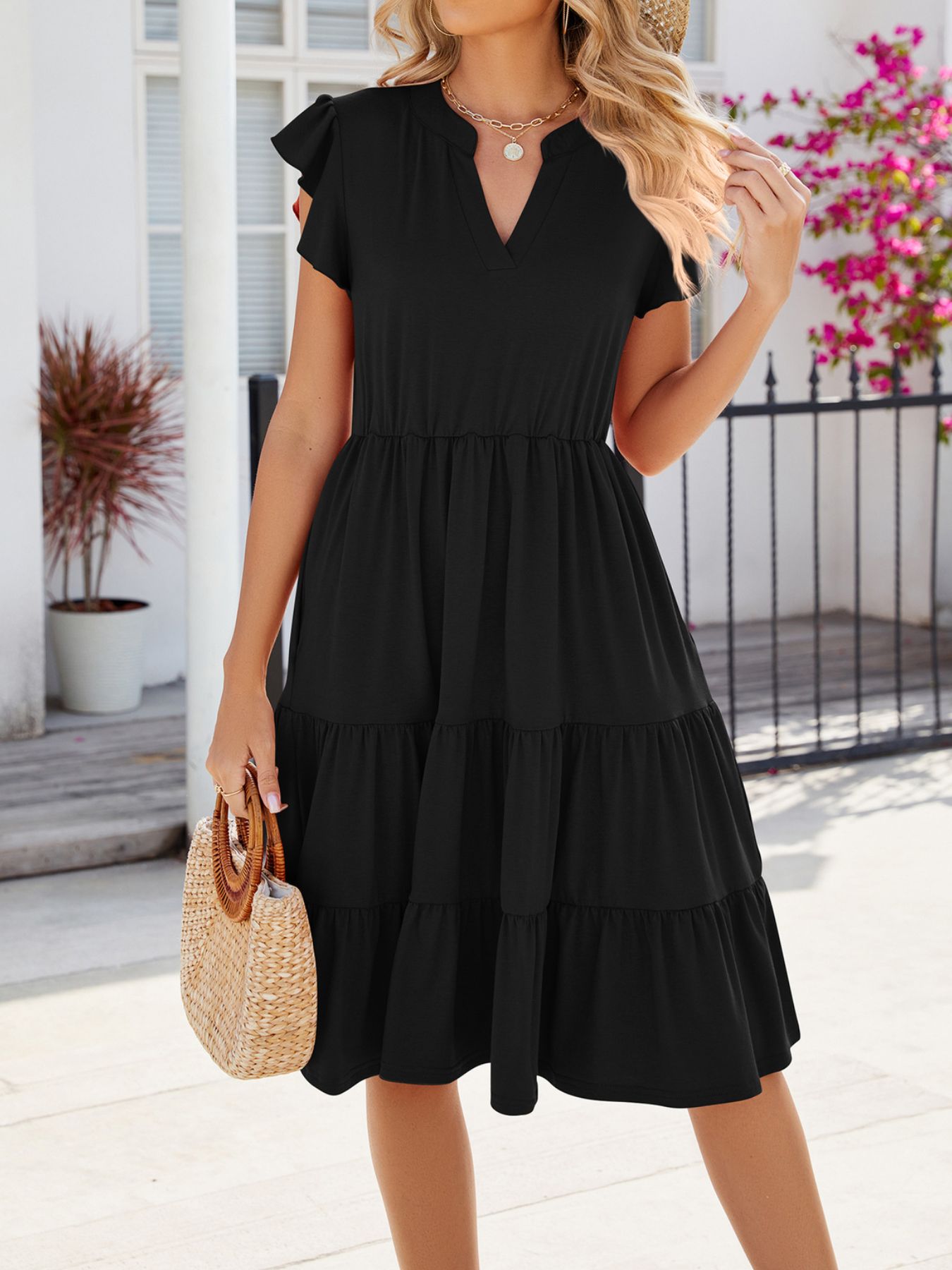 Ruffled Notched Tiered Midi Dress