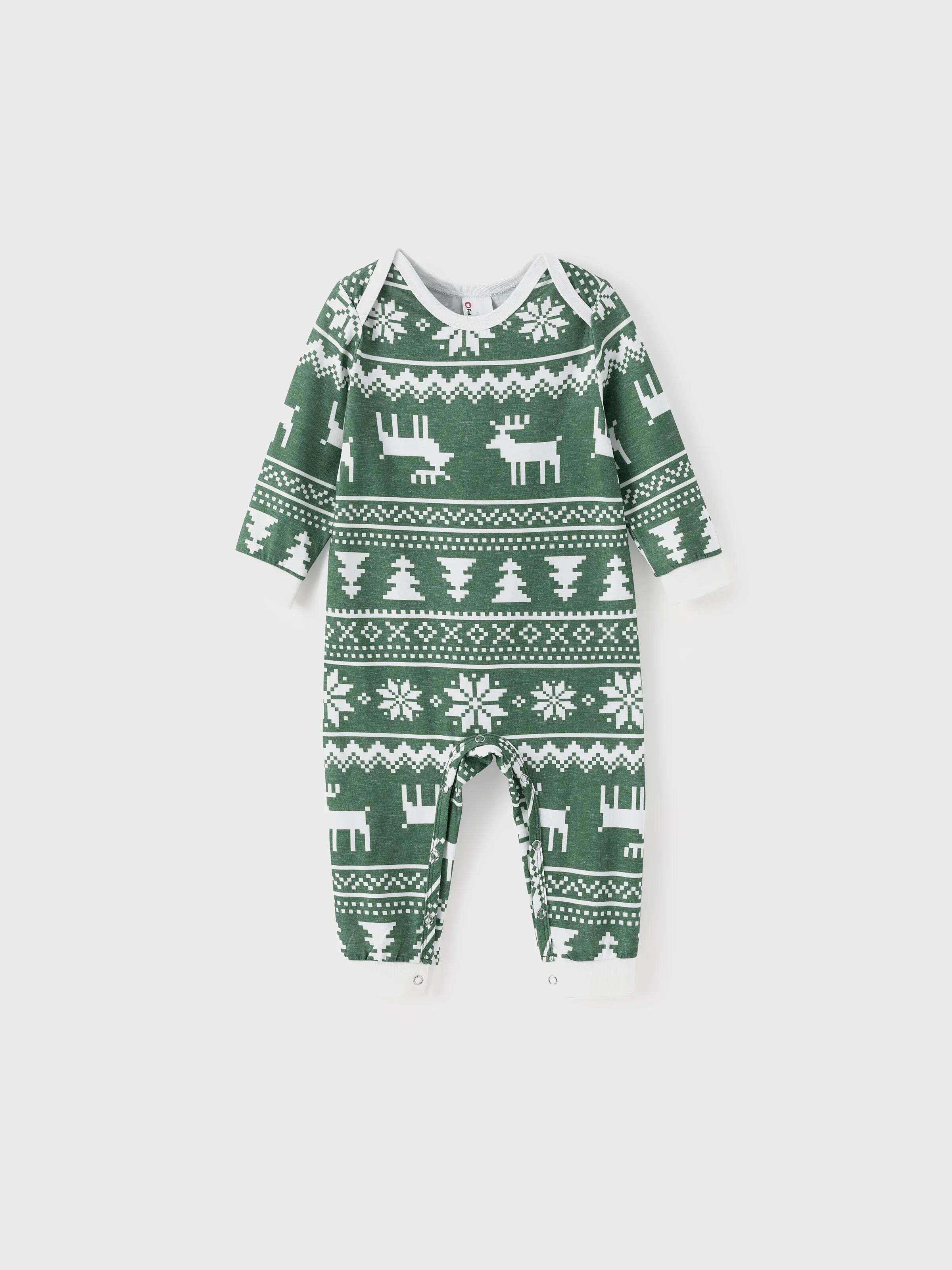 Christmas Matching Family Pajamas Set Reindeer and Snowflake Green Print PJS with Christmas Socks Dark Green
