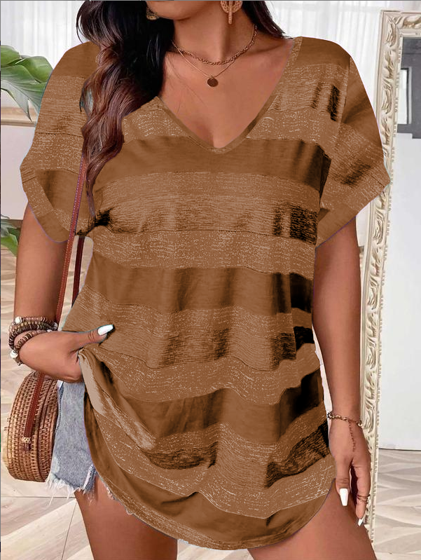 Plus Size Striped V-Neck T-Shirt for Women – Casual Summer Short Sleeve Top, Lightweight Breathable Tee for Daily Wear (Sizes S–5XL)