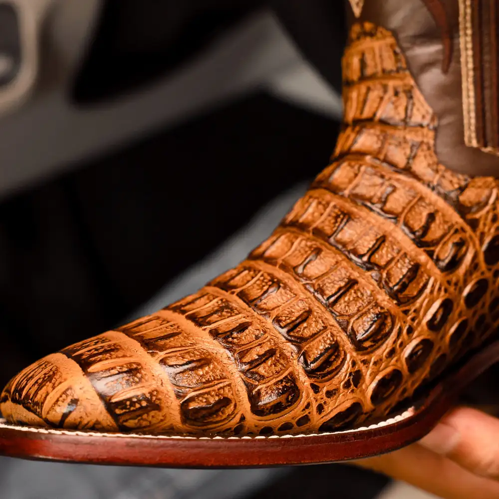 Honey Caiman Hornback Leather Boots - Square Toe