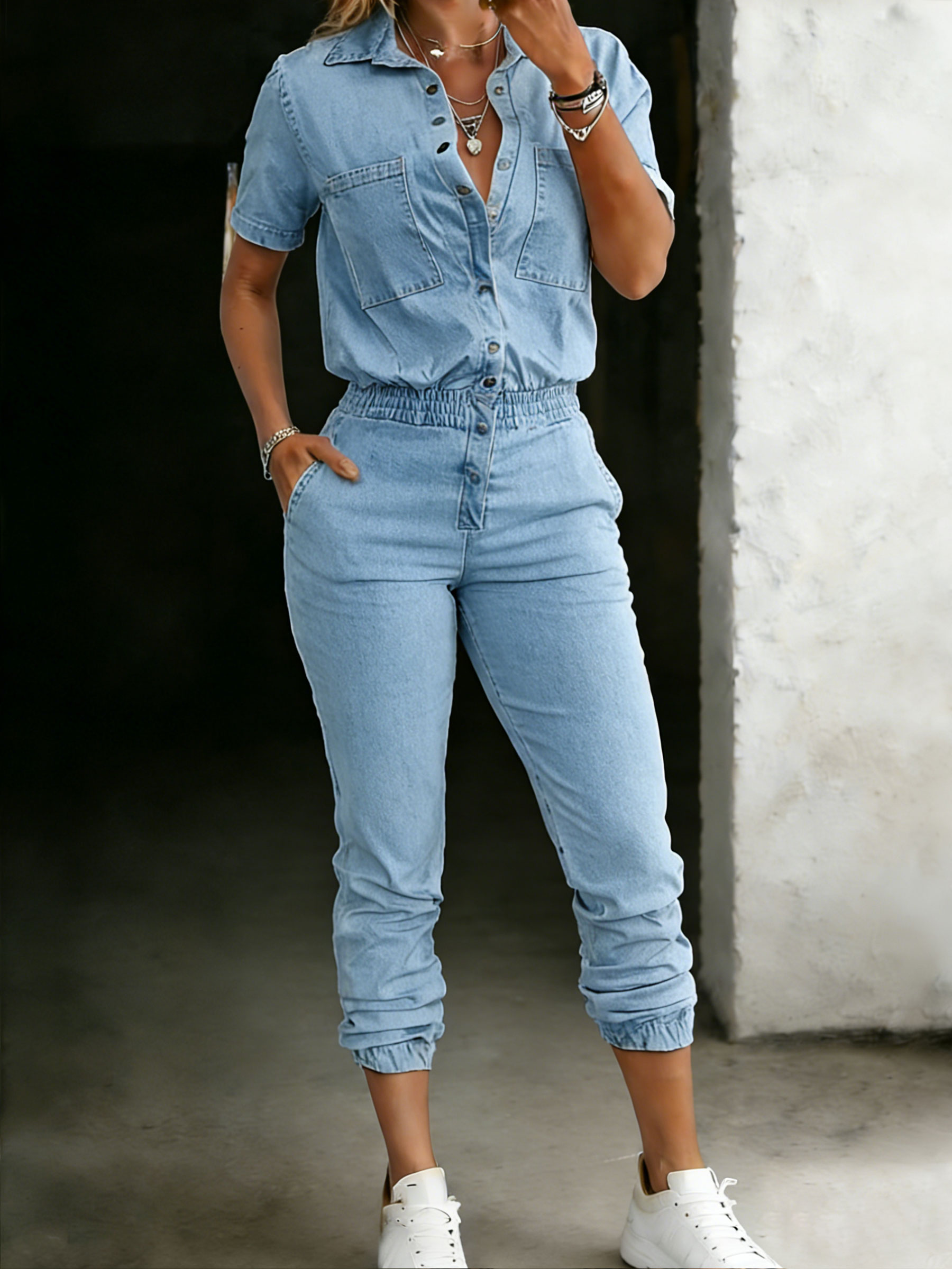 Women’s Casual Cotton One Piece Denim Short Sleeve Jumpsuit