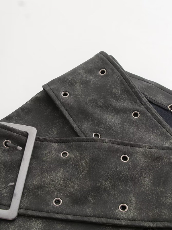 Retro Workwear Style Zipper Belt Decorated Short Pu Leather Skirt