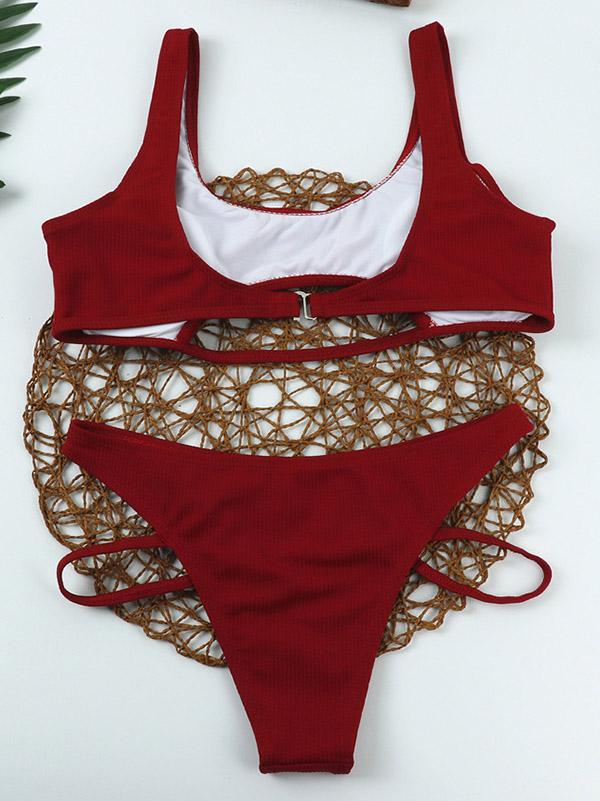 Solid Color Hollow Vest Style Split Bikini Swimsuit