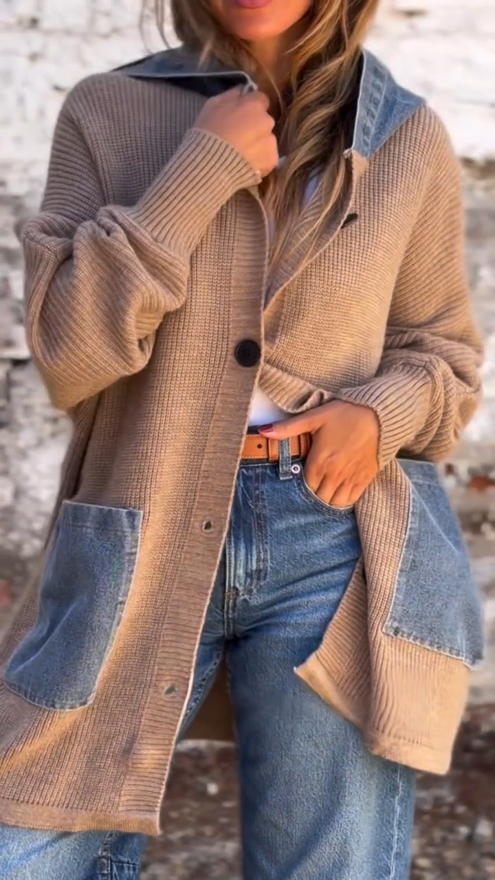 Women Hooded Patchwork Denim Casual Cardigan