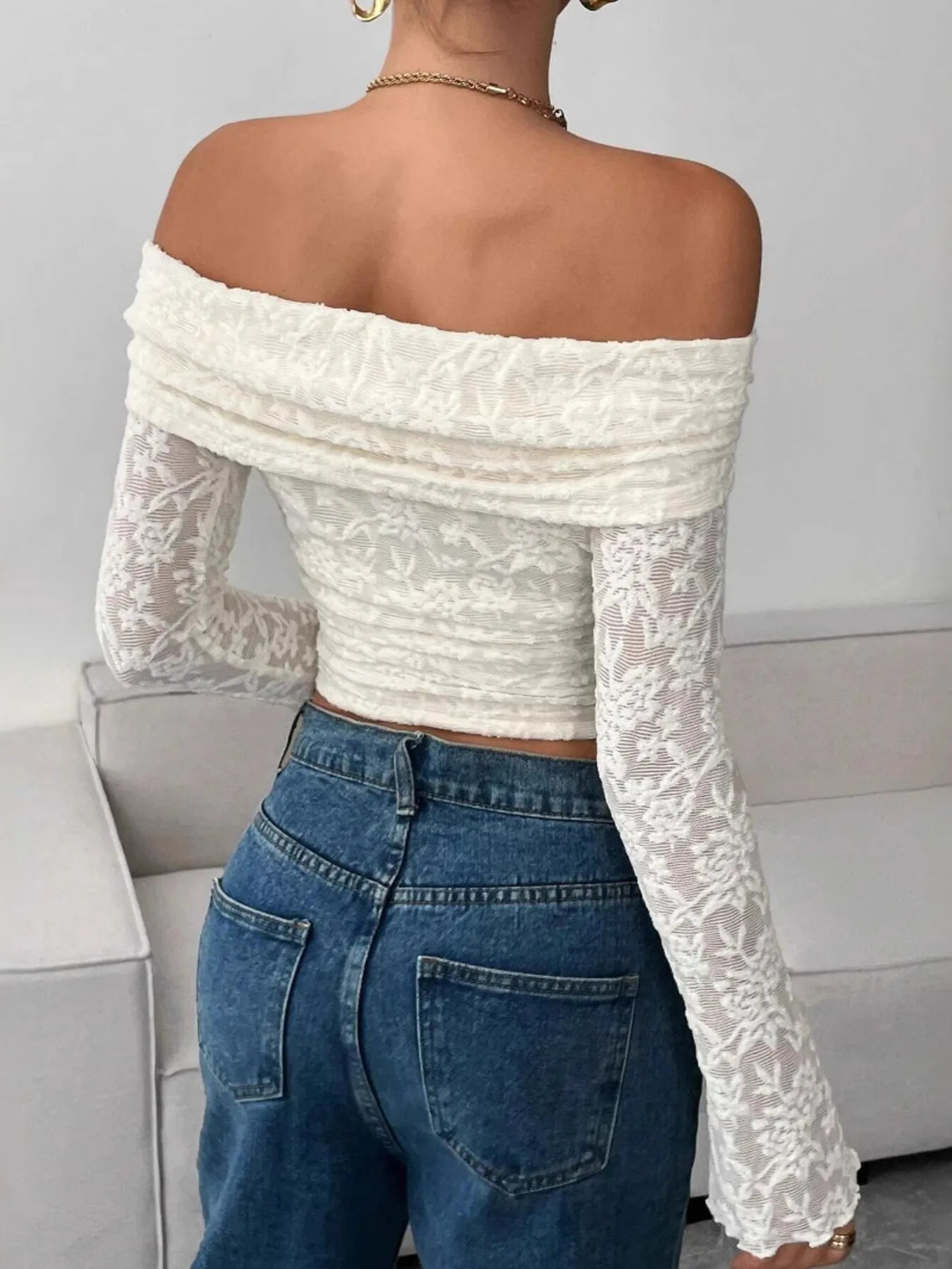 Off Shoulder Long Sleeve Lace Top