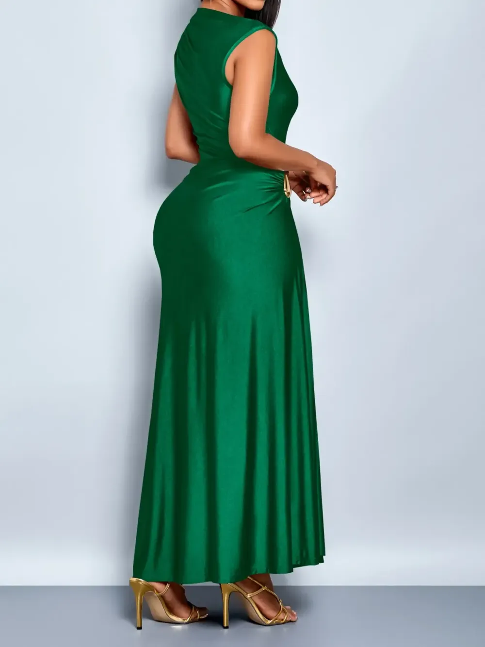 Aliling Elegant Chic Sleeveless Midi Dress for Women High Waist Folds Boat Neck Bodycon Fitted