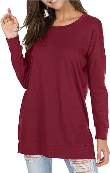 Women Long Sleeve Cotton Top Round Neck Casual Solid Color Top
