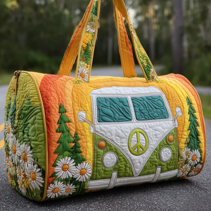 🌼🚐 Daisy Peace Van Quilted Duffle Bag – Retro Hippie Travel & Weekender Bag ✌️✨