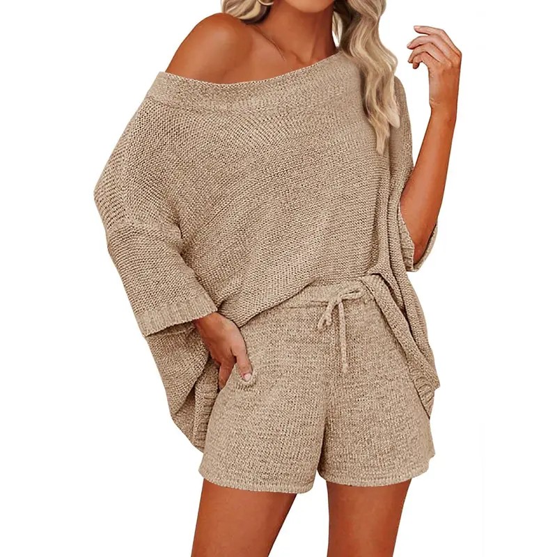 isace Women's 2 Piece Knit Lounge Set – Off-Shoulder Sweater Top and Shorts Matching Outfit, Cute and Comfy Pajama or Casual Wear