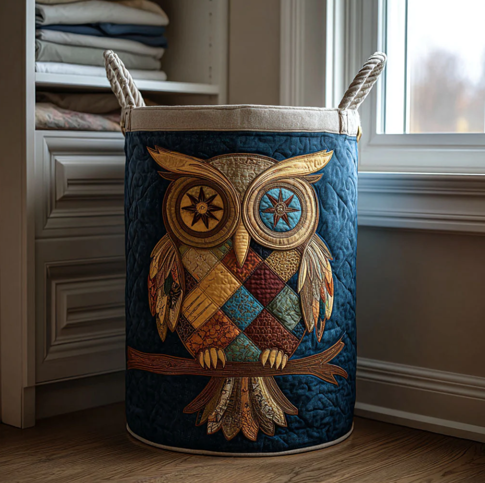 Exquisite Owl Pattern Quilted Laundry Basket Eco-Friendly Machine Washable Storage Container for Home Study Room Bedroom Organization | Owl