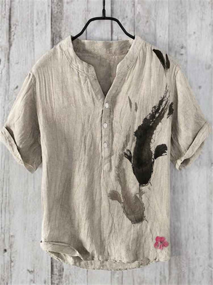 Koi Fish & Cherry Blossom Japanese Brush Art Linen Blend Shirt