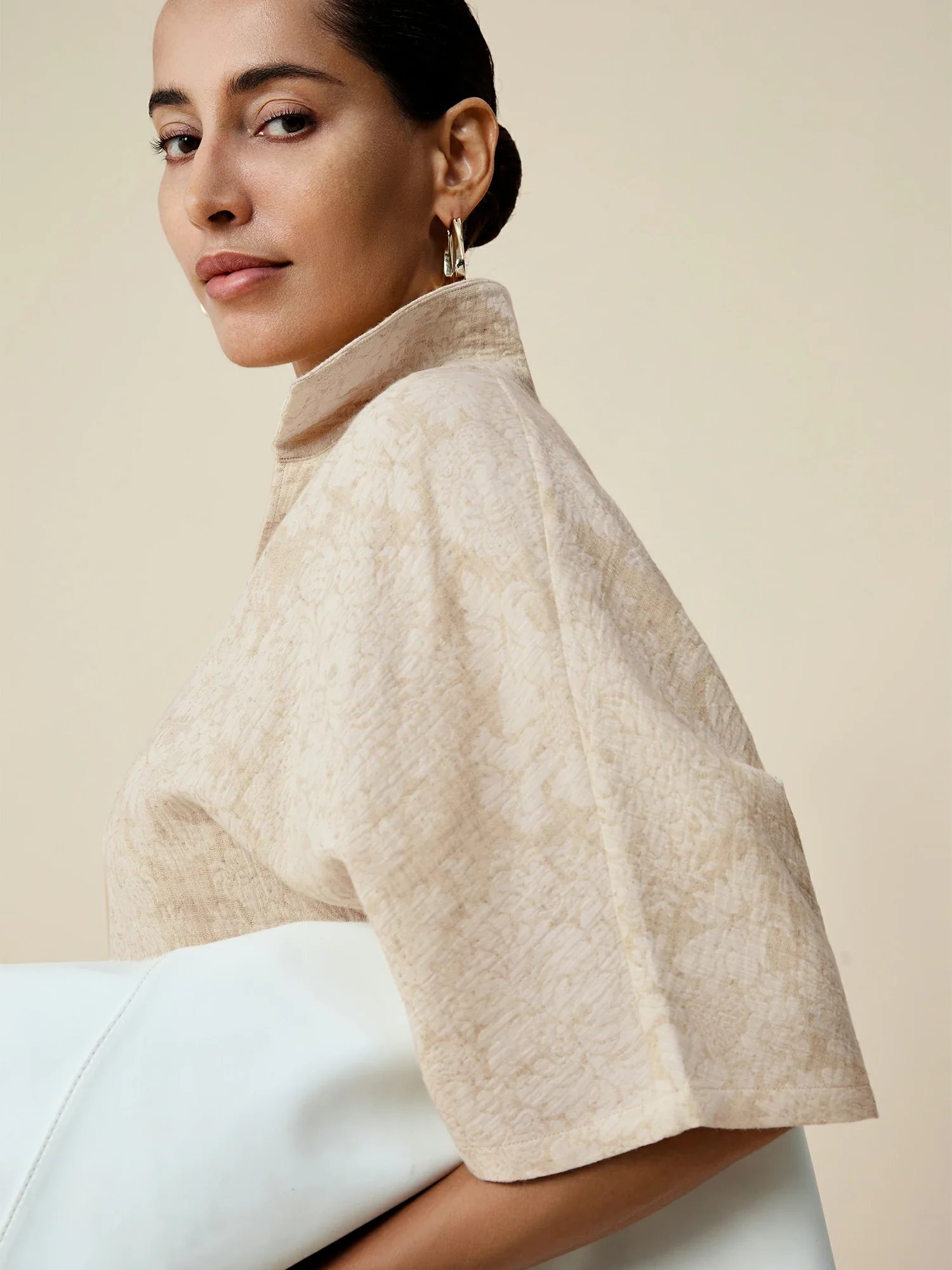 Cotton & Linen Lapel Short Sleeve Jacquard Top