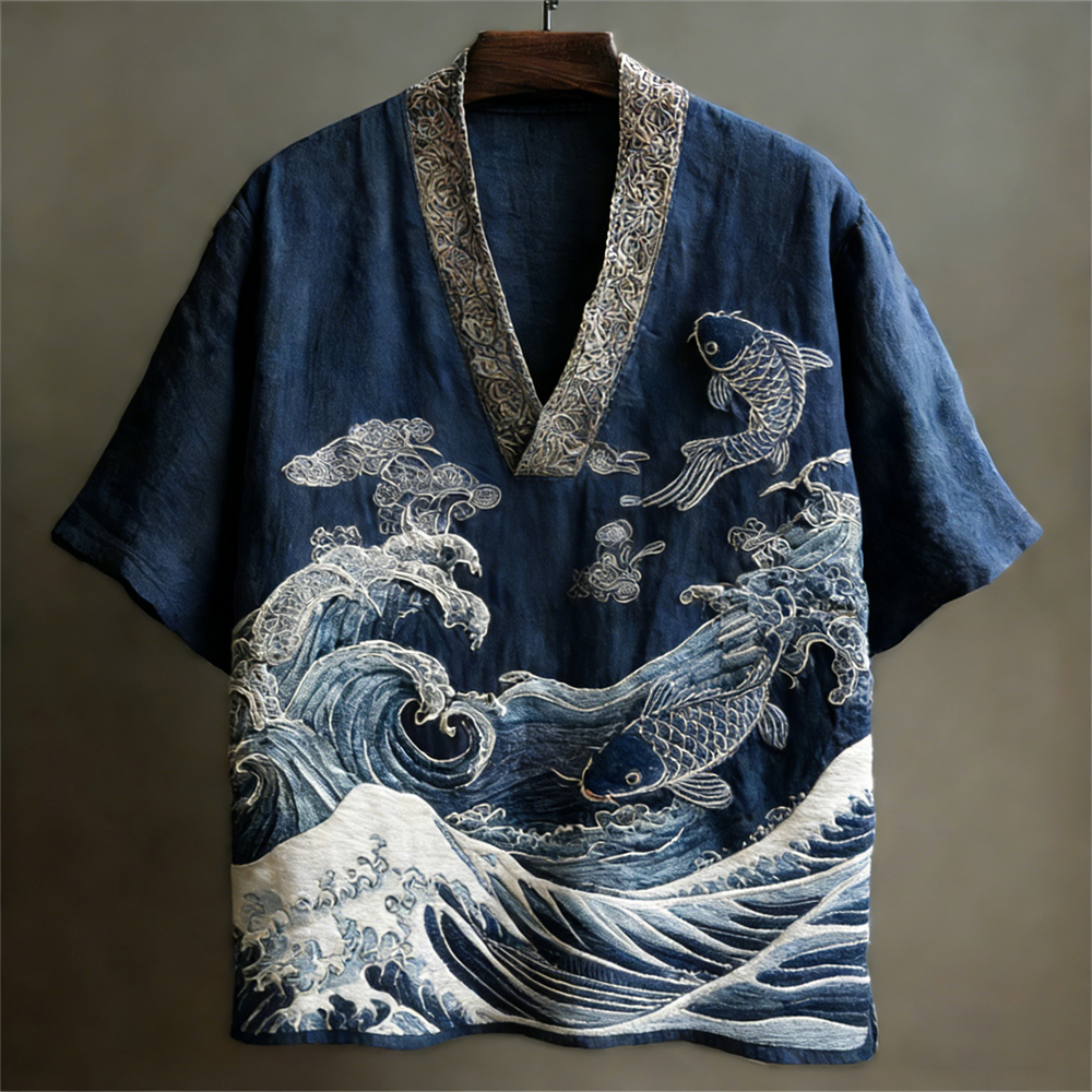 Japanese Ocean Art Linen V-neck Shirt