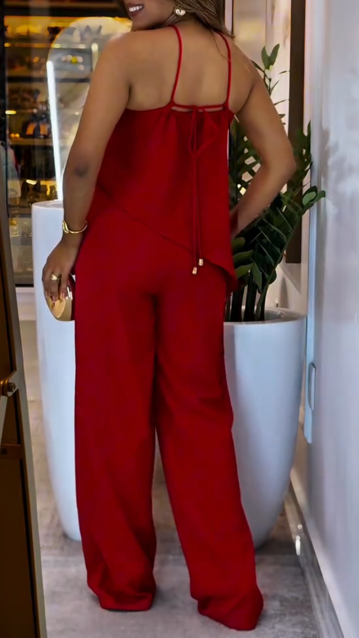 Women Neck Hanging Irregular Top + Pants Casual Suit