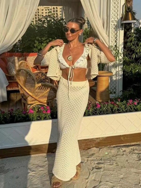 Knitted Crochet Multicolor Cardigan Button Skirt All-match Set Dress