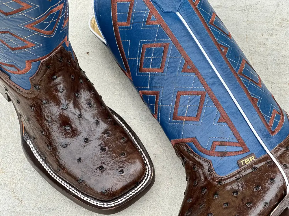 Mens Brown Ostrich Leather Boots With Blue Shaft