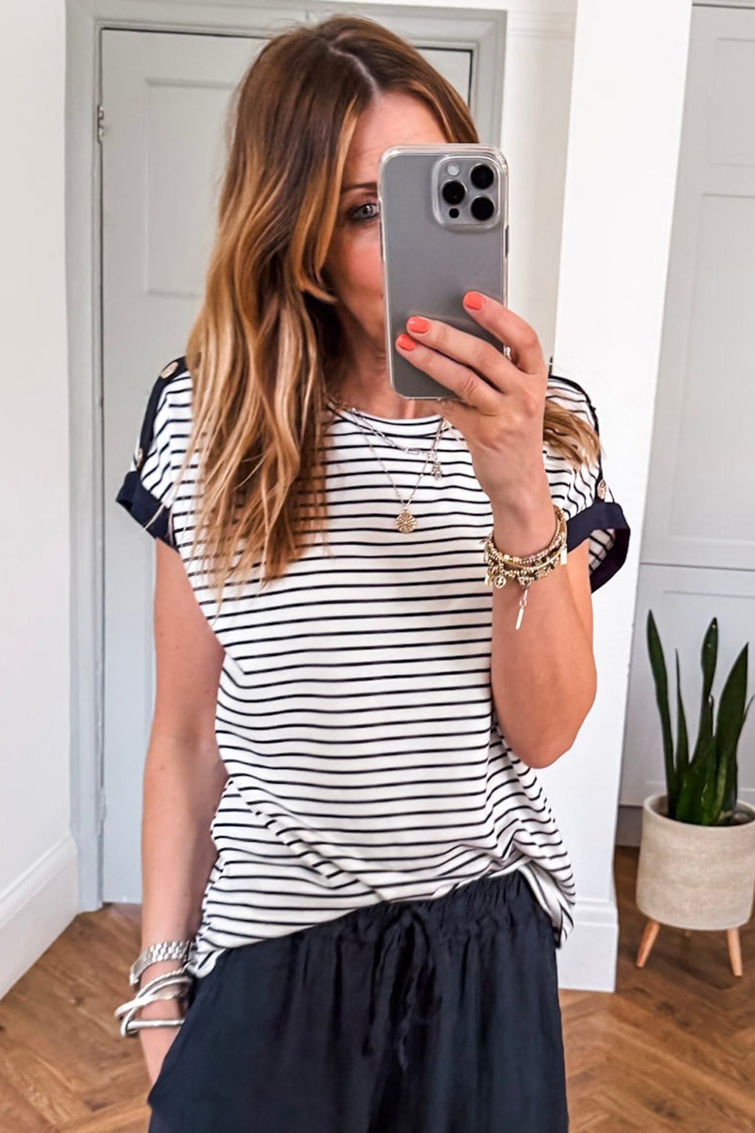 Black Stripe Cuffed Sleeve Button Detail Loose Tee