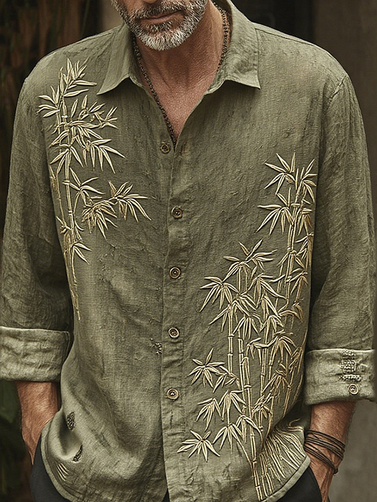 Men's Vintage Bamboo Embroidery Art Long Sleeve Shirt