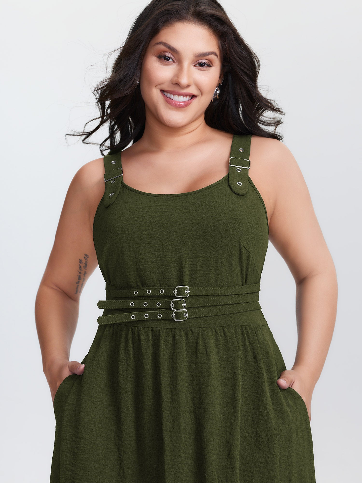 Wide Straps Belted Buckle Detail Midi Dress