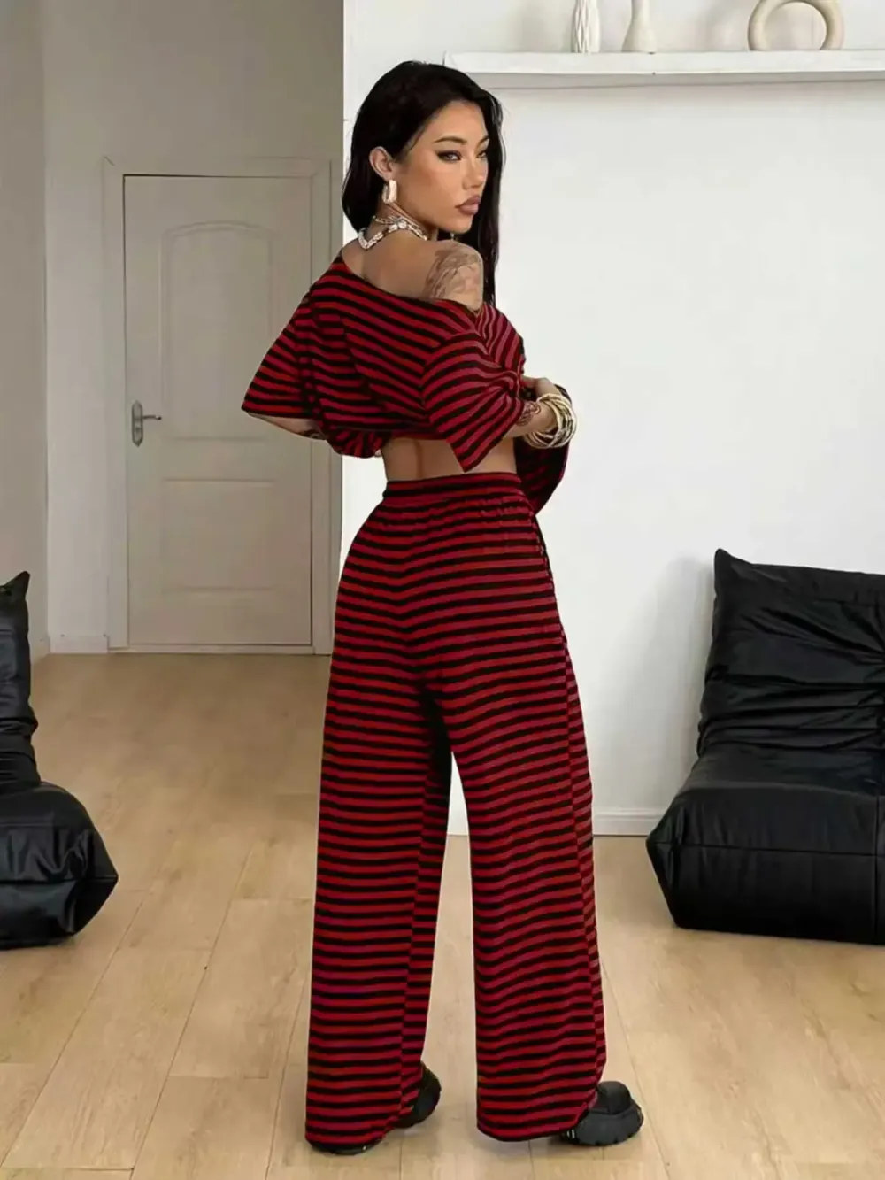 Women's Casual Streetwear Two-Piece Set, Comfortable Shoulder-Exposed Top & Wide-Leg Pants