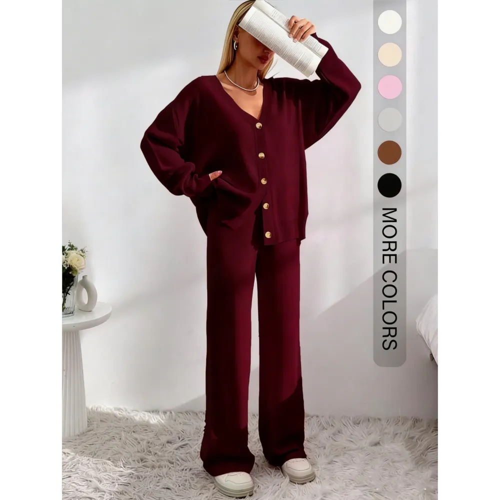 Women's Button Front V-Neck Cardigan & Wide Leg Pants Set