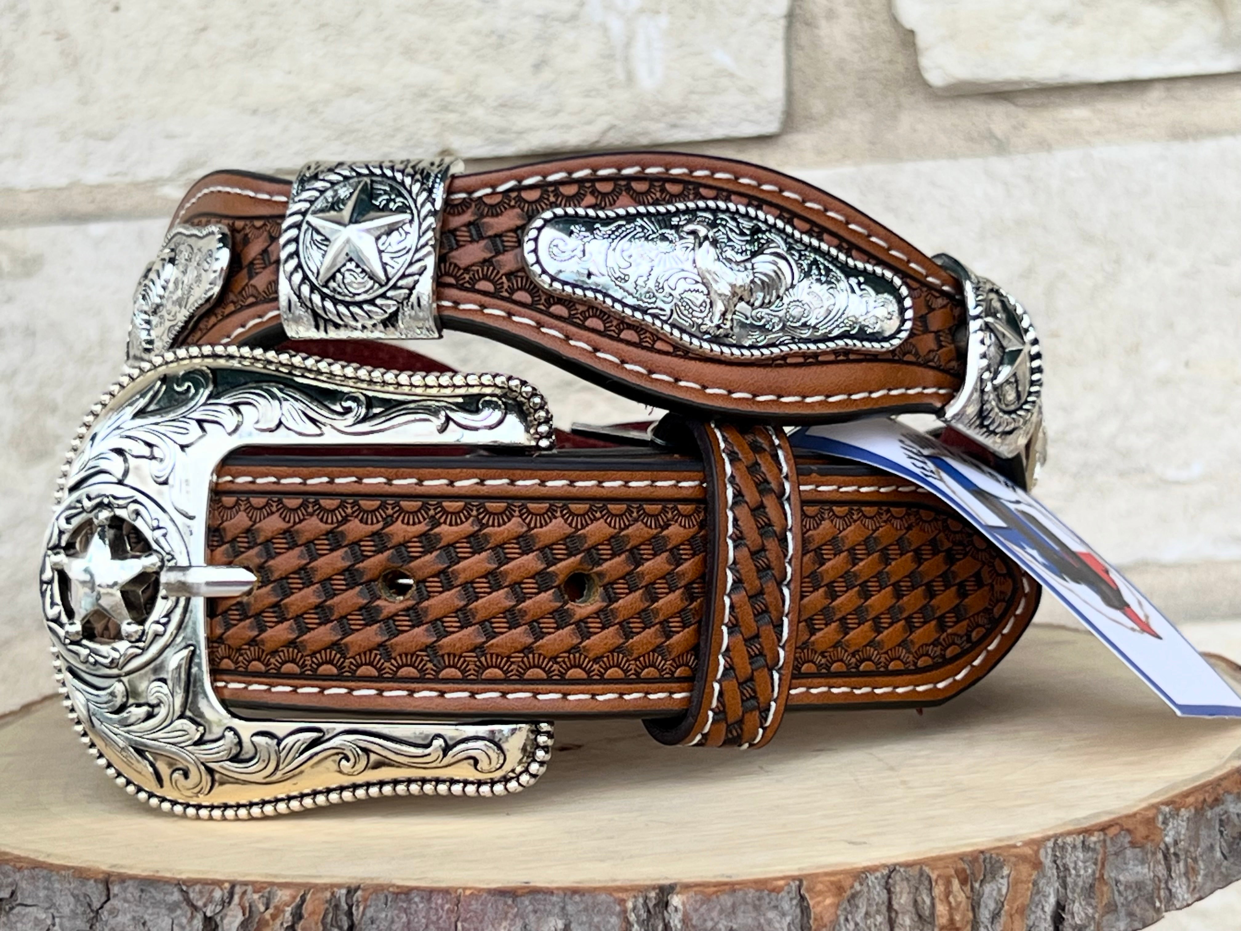 Men’s Honey Leather Belt With Rooster Concho