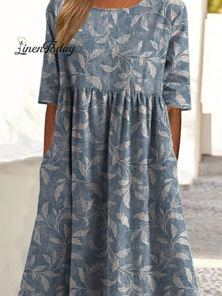 Spring Vines Pattern Printed Women's Pocket Cotton Dress