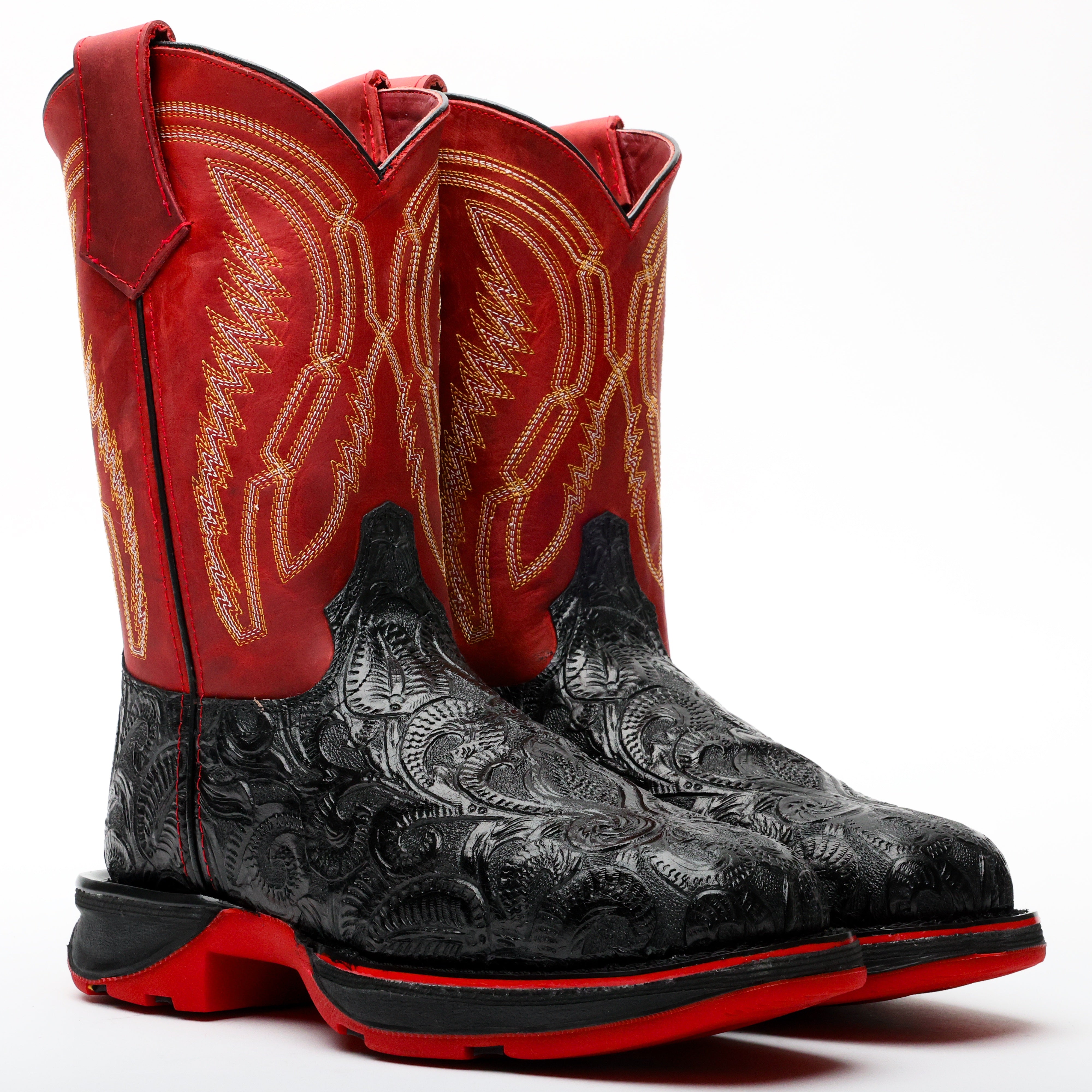 TBR Black Hand-Tooled Leather Boots With 3D Lightweight Sole - Composite Toe