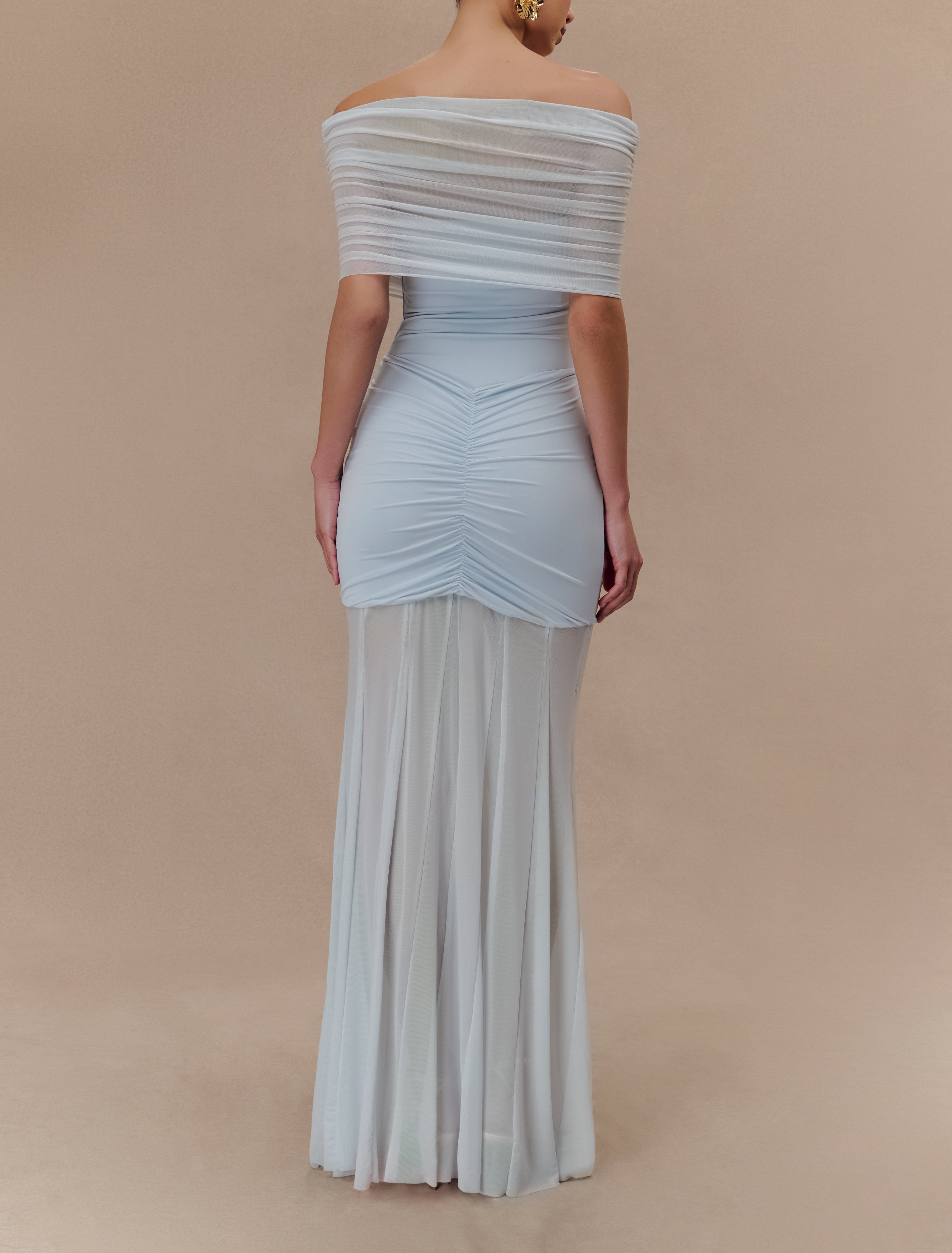 Blue Slinky And Mesh Off Shoulder Maxi Dress