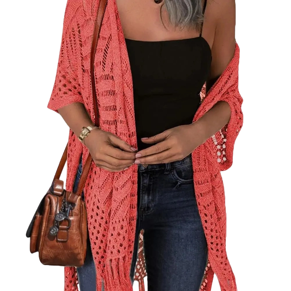 Womens Knit Cardigan Open Front Outwear New Spring & Summer Hollow Out Crochet Tassel Lightweight Kimonos Sweater