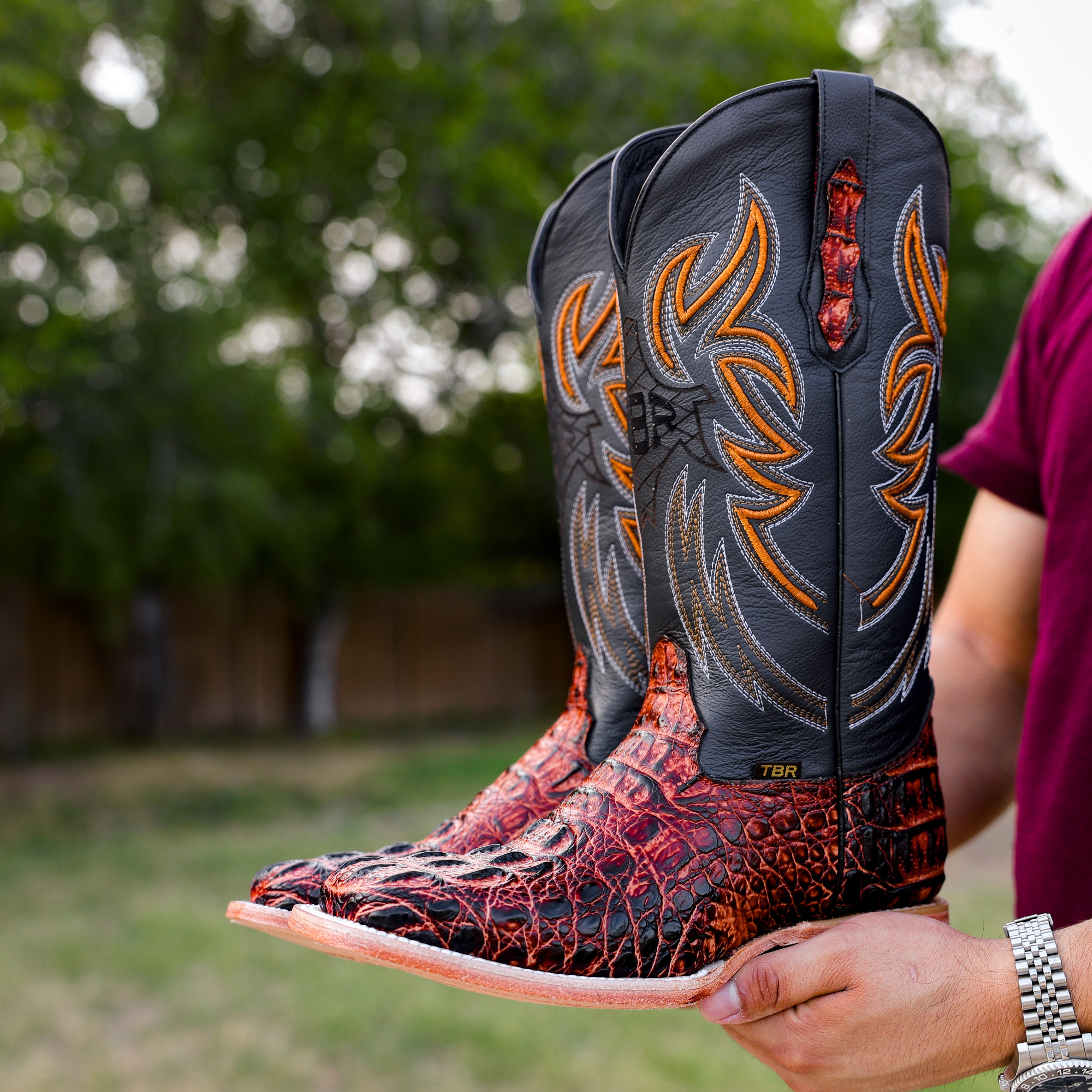 Cognac Caiman Neck Leather Boots - Square Toe