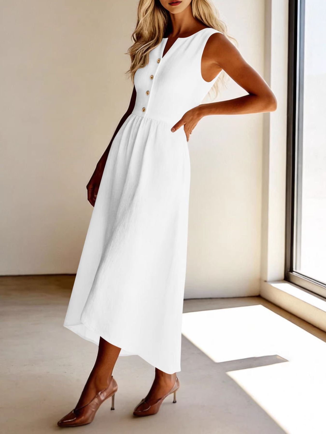 Sleeveless Button Front Flowy Midi Dress