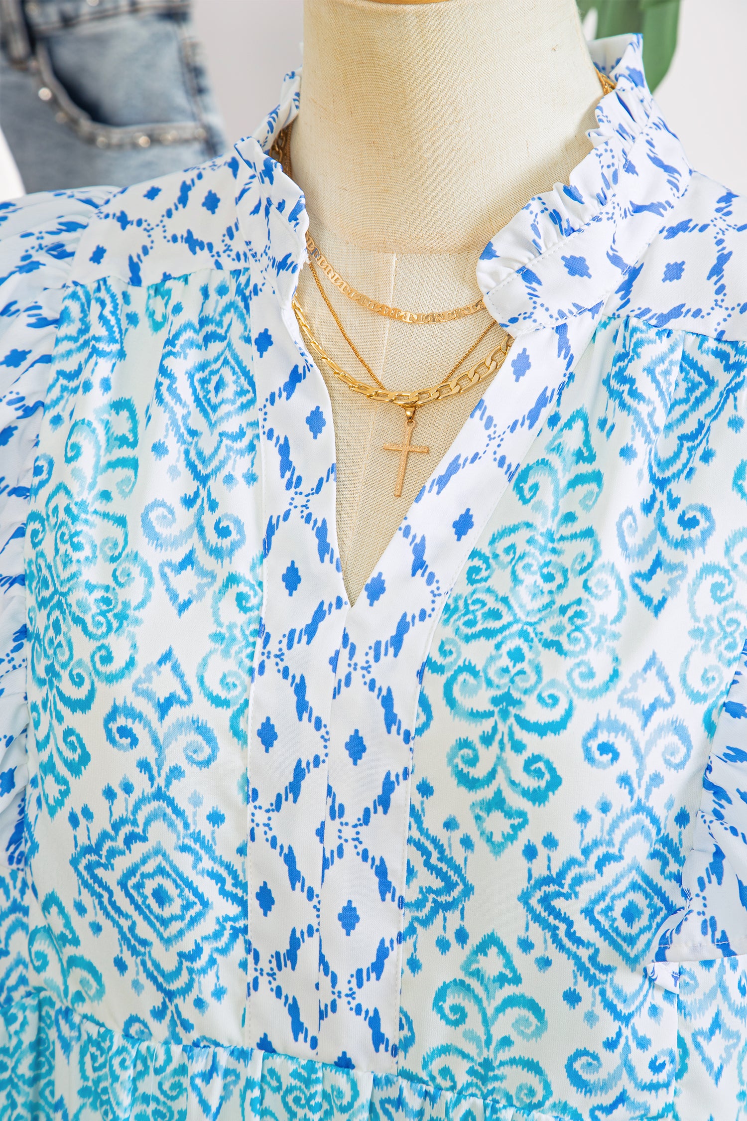 Sky Blue Boho Floral Geometric Patchwork Ruffle Detail Puff Sleeve Mini Dress