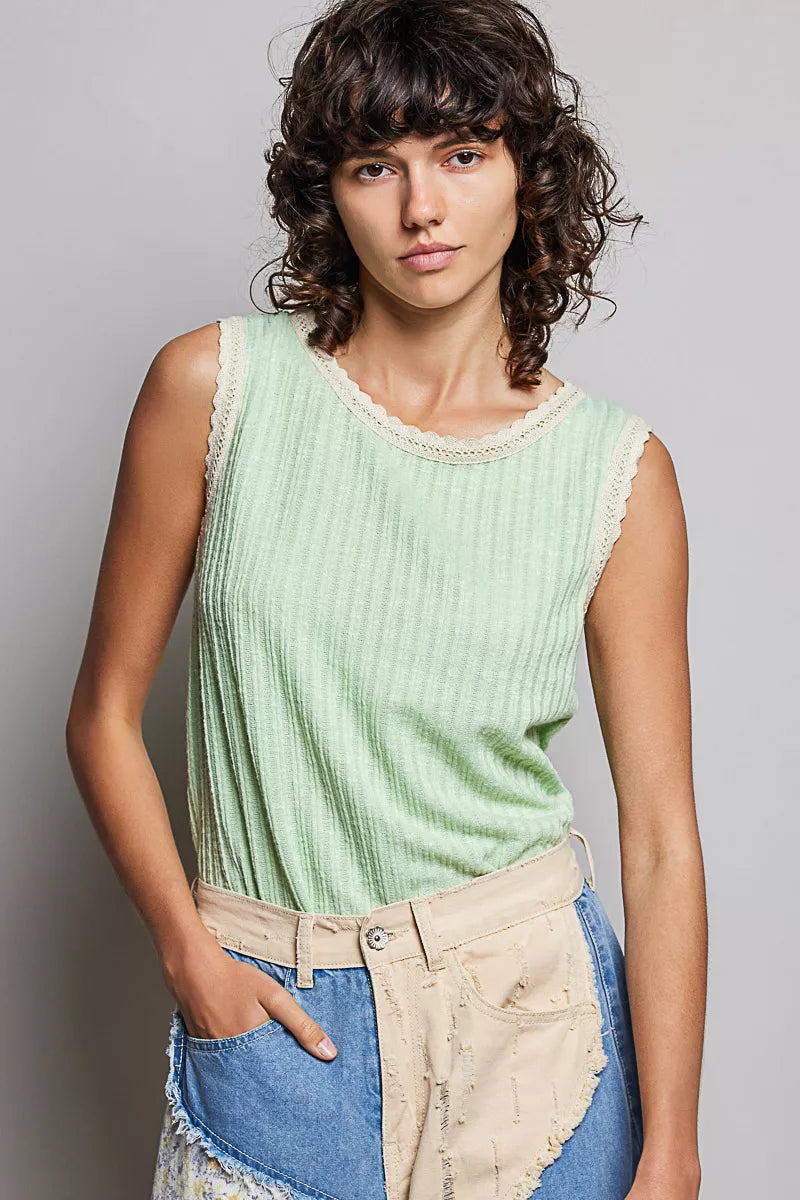 POL Ribbed Round Neck Tank with Lace Trim