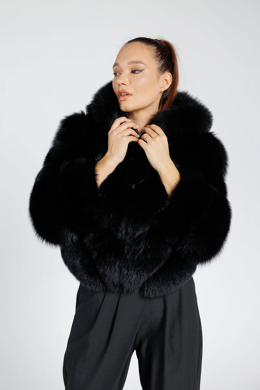 Haină din Blană Naturală de Vulpe Polară, Transformabilă, V Model, cu Glugă Detașabilă, Femei, Diamond 378