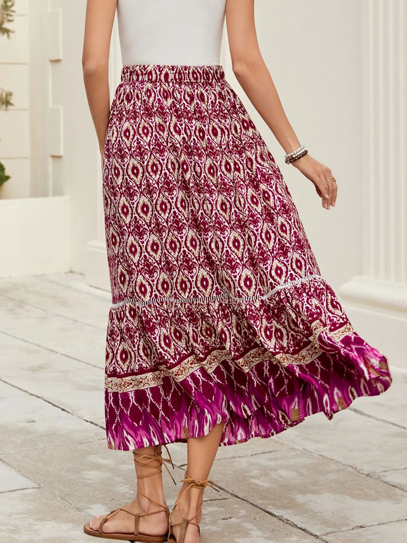 Bohemian Printed Ruched Maxi Skirt