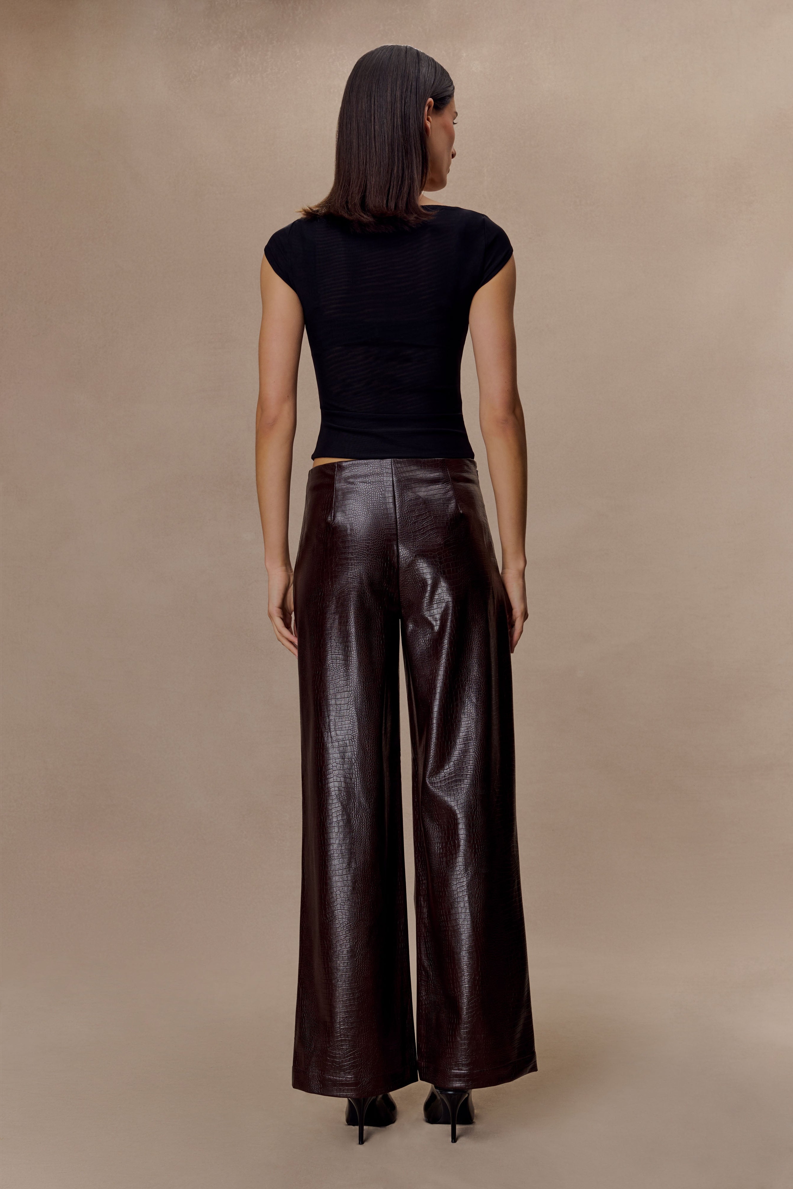 Chocolate Croc Faux Leather Straight Leg Pants