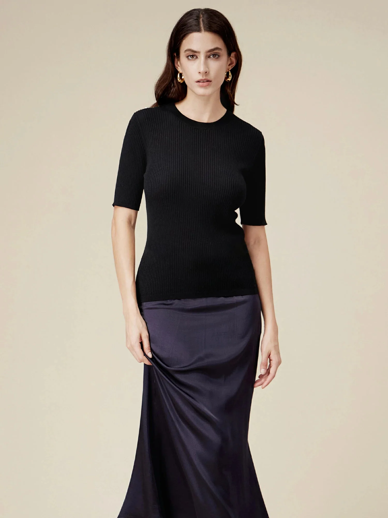 100% Lyocell Ribbed Knit Slim Fit Top