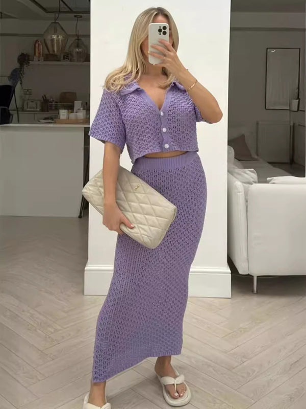Knitted Crochet Multicolor Cardigan Button Skirt All-match Set Dress