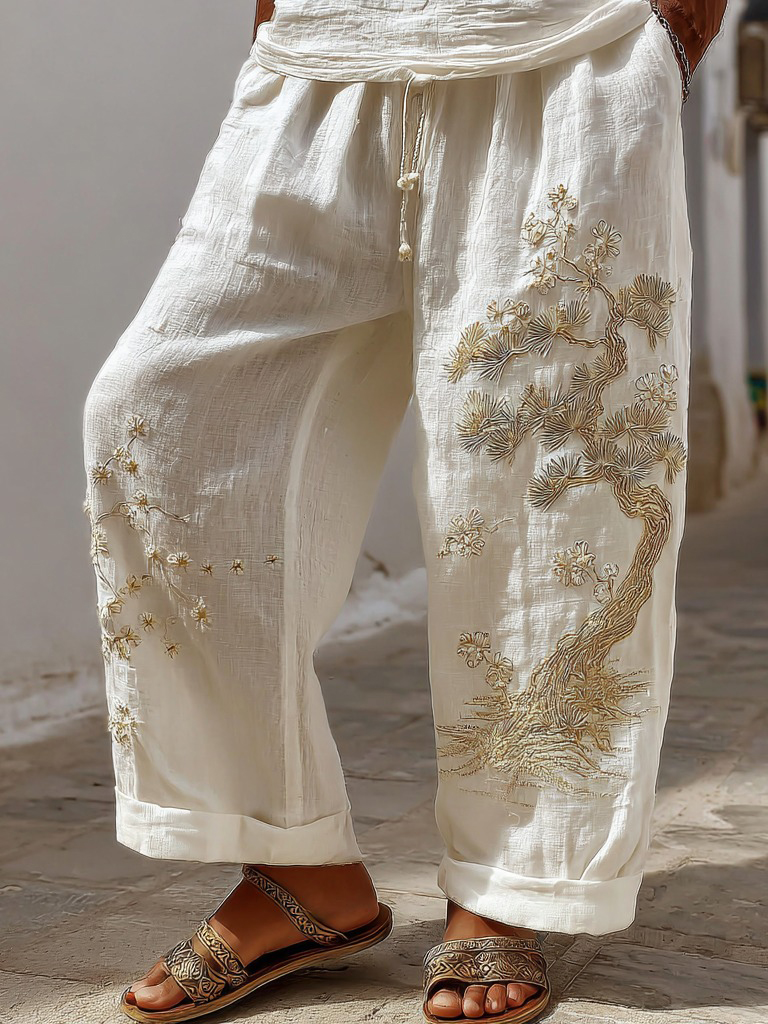 Men's Japanese Pine And Cherry Blossom Casual Linen Pants