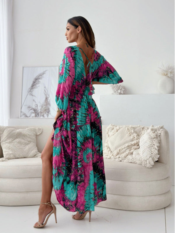 Sexy Deep V Multi-Color Printed Slit Dress With Three-Quarter Sleeves