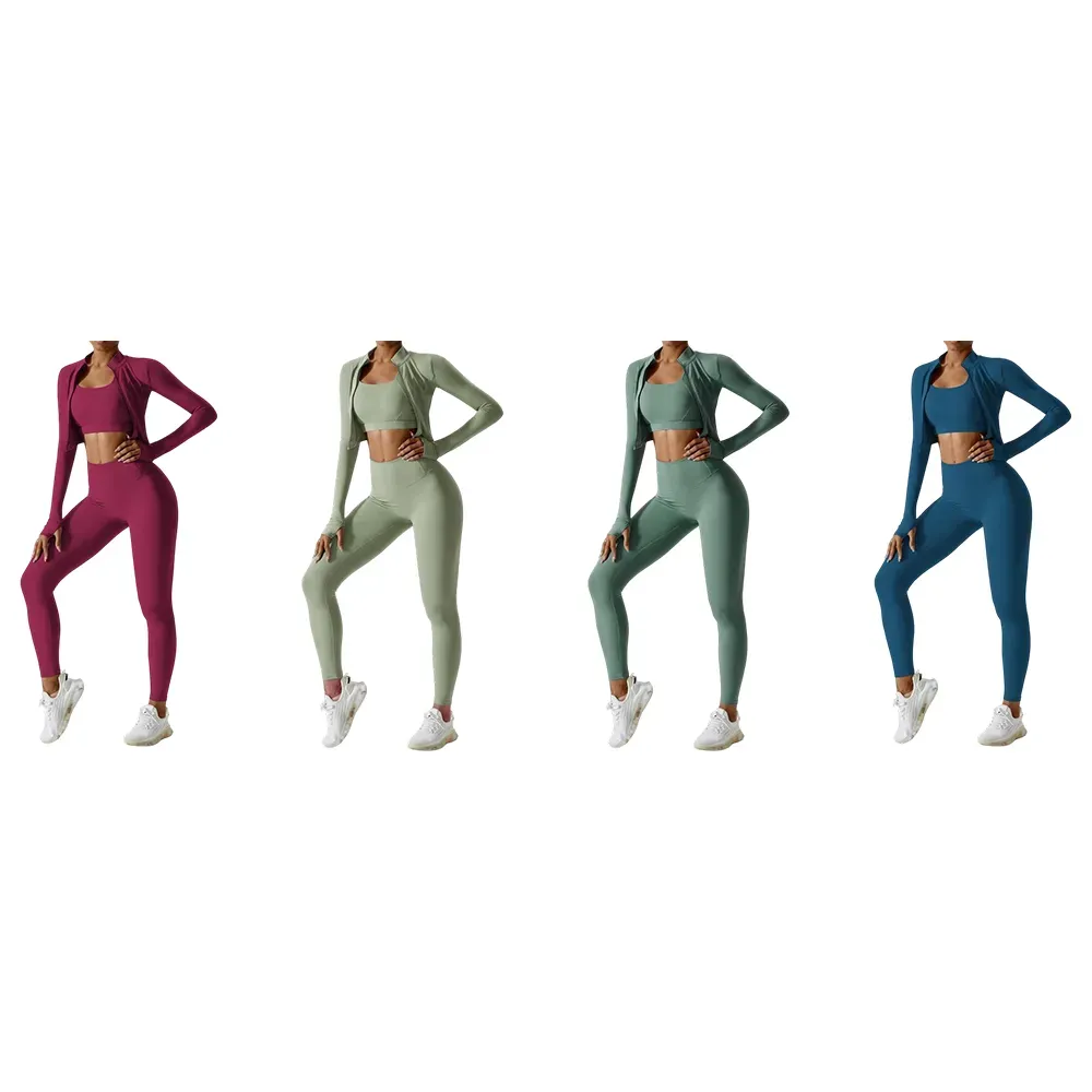 Women’s 3-Piece Workout Set – Sports Bra, Leggings & Zip Jacket with Thumbholes