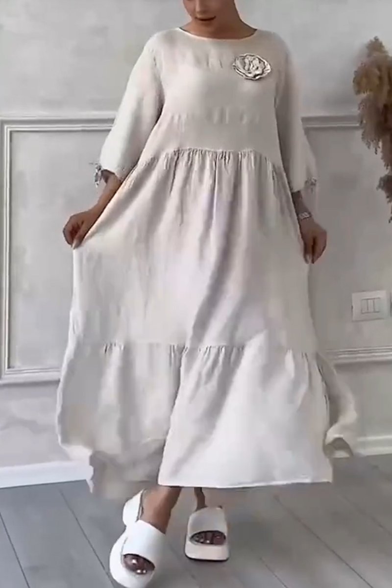 Women's Casual Cotton and Linen Gathered Floral Dress