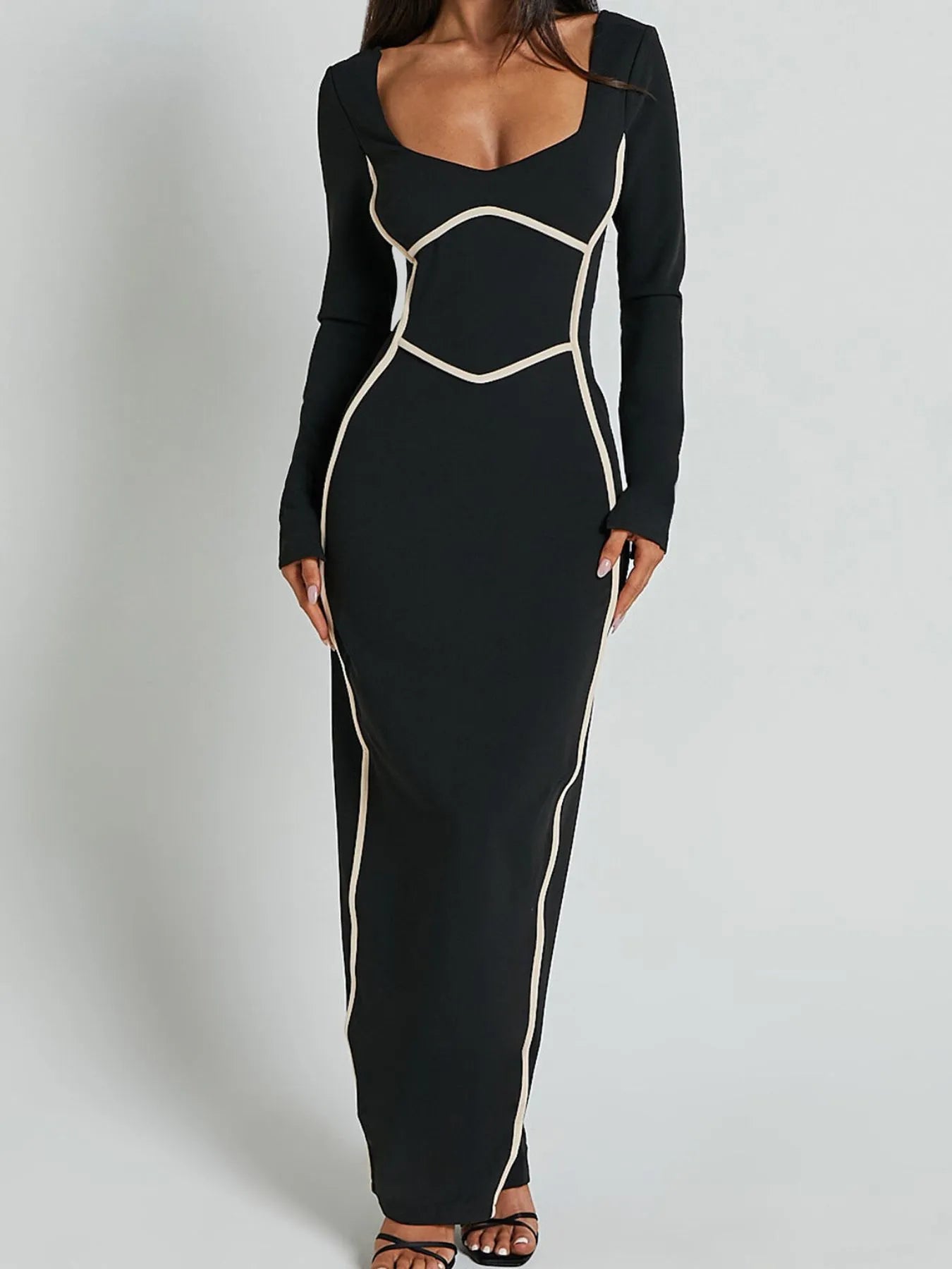Contrast Trim Long Sleeve Bodycon Maxi Dress