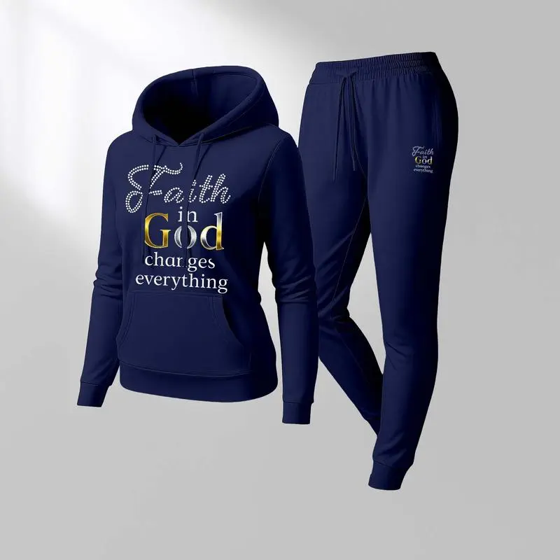 Women'S God Letter Print Hoodie And Drawstring Track Pants Set