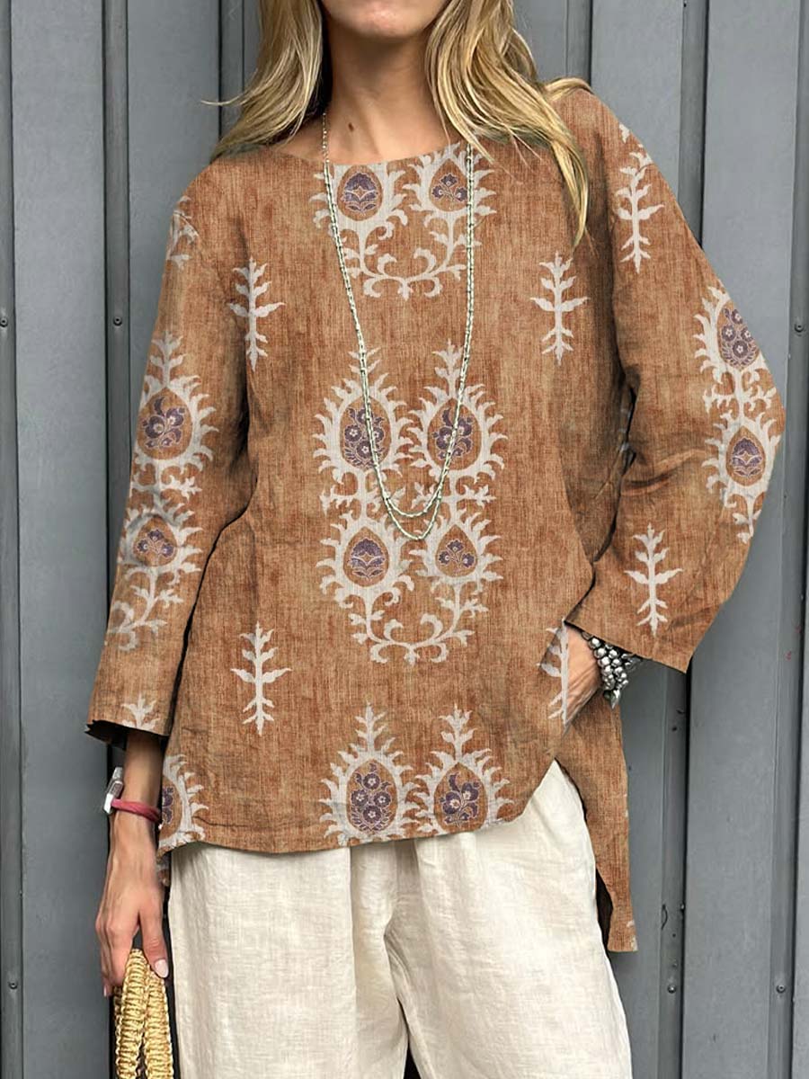Women's Vintage Ethnic Pattern Art Print Casual Cotton Linen Shirt