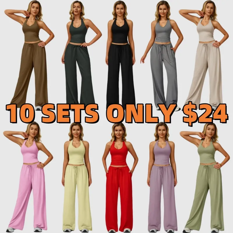 Women's Solid Crop Tank Top & Wide Leg Pants Set
