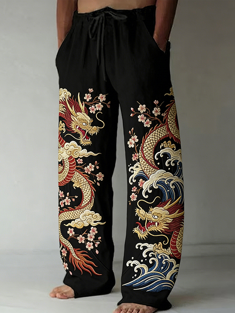 Men's Japanese Dragon & Cherry Blossom Art Comfy Linen Pants