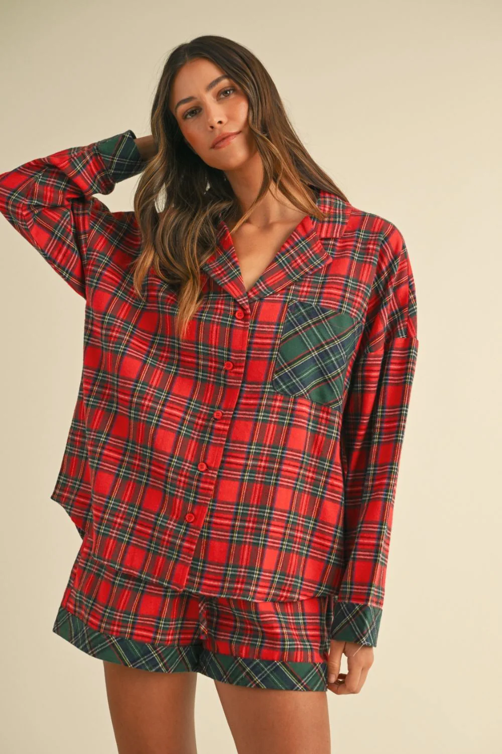 Wear Contrast Plaid Long Sleeve Top and Shorts Set